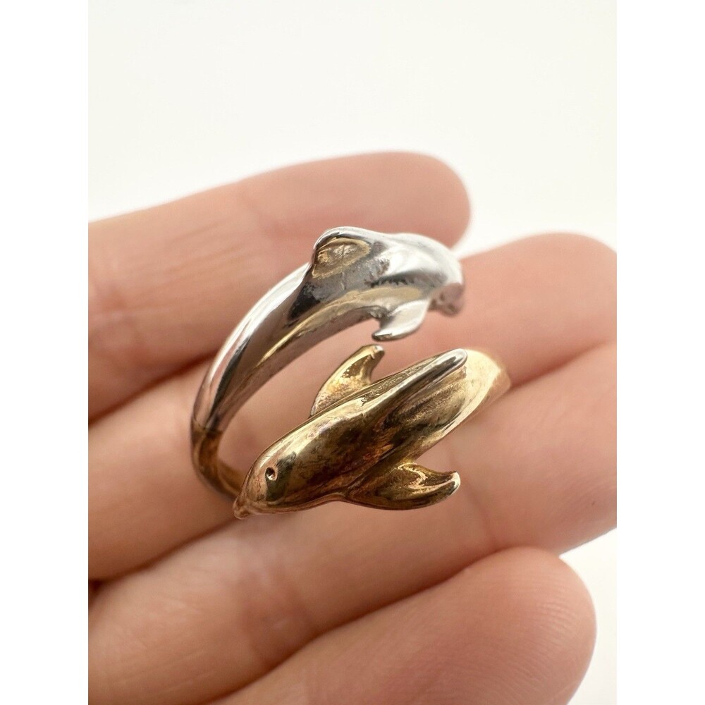 Vintage STERLING SILVER 925 DOLPHIN BAND ADJUSTABLE RING GOLD TWO TONE SIZE 10